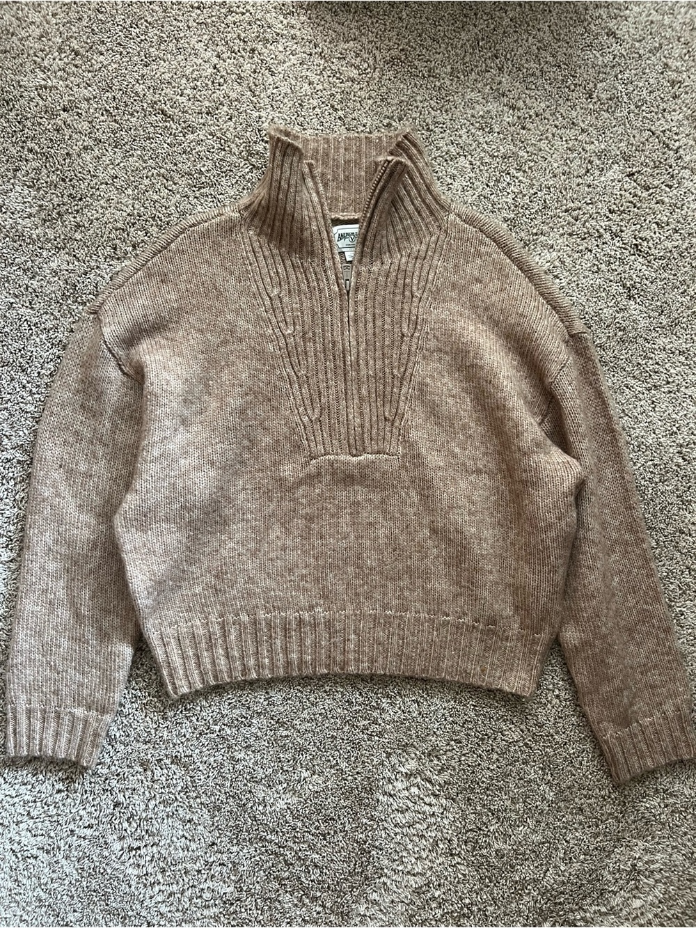 American Eagle Outfitters Cropped Half-Zip Ribbed Mock Neck Sweater - Taupe